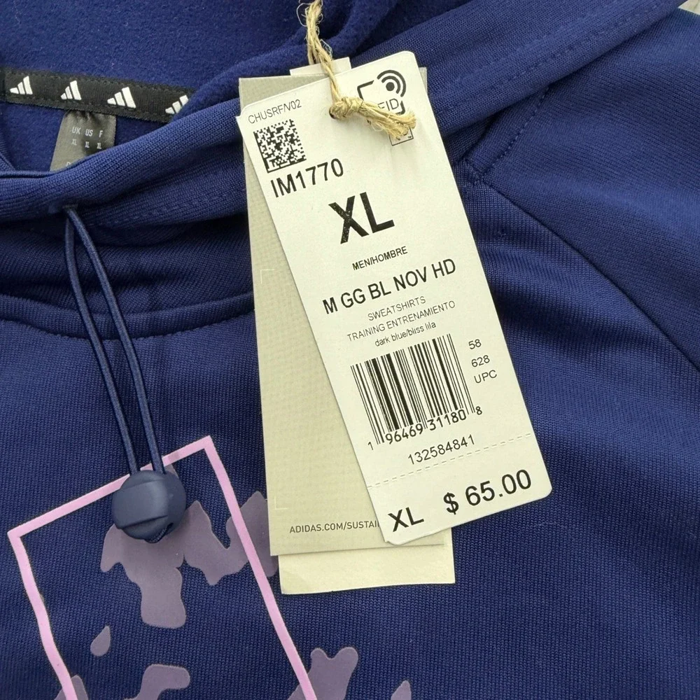 Adidas Mens Training Hoodie Dark Blue Bliss Lila Graphic Logo XL IM1770 NWT
